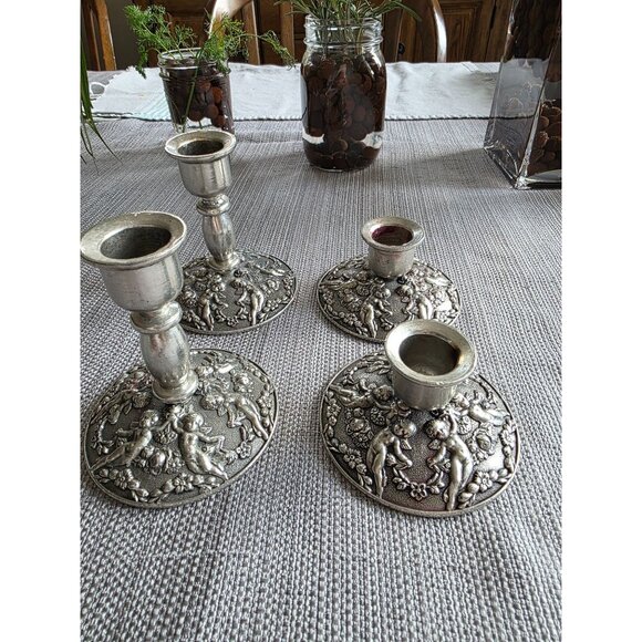 Vintage Heritage Metalworks Pewter Cherub Floral Candlestick Set of 4 (1992) - Picture 10 of 10